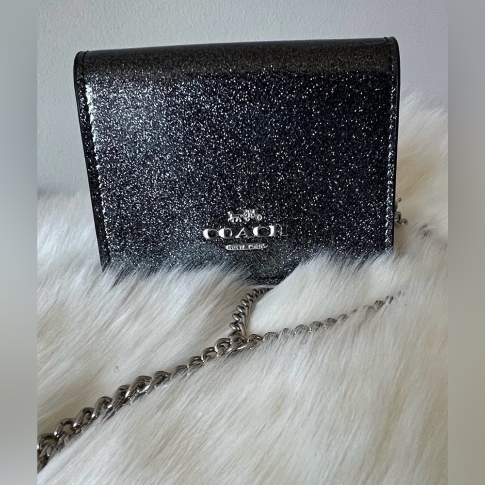Coach Black Glitter Leather Mini Chain Crossbody / Card Holder | Authentic